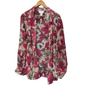 Jordan Woman's 2 Piece Long Sleeve 2X Floral Sheer Over Blouse Set Tropical